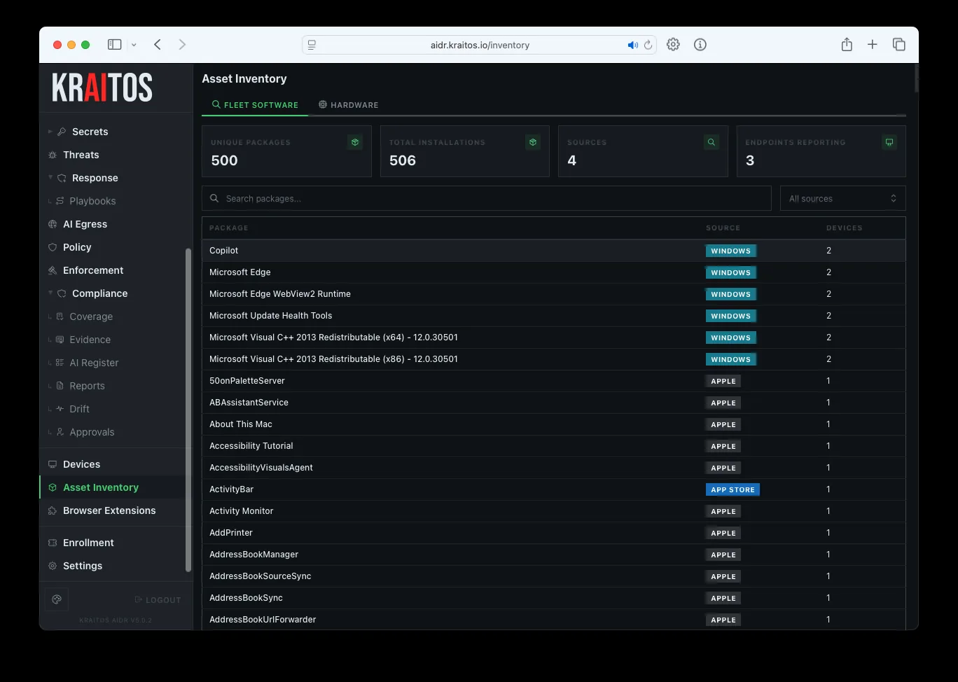 Fleet software inventory listing unique packages, total installations, source, and device count per package