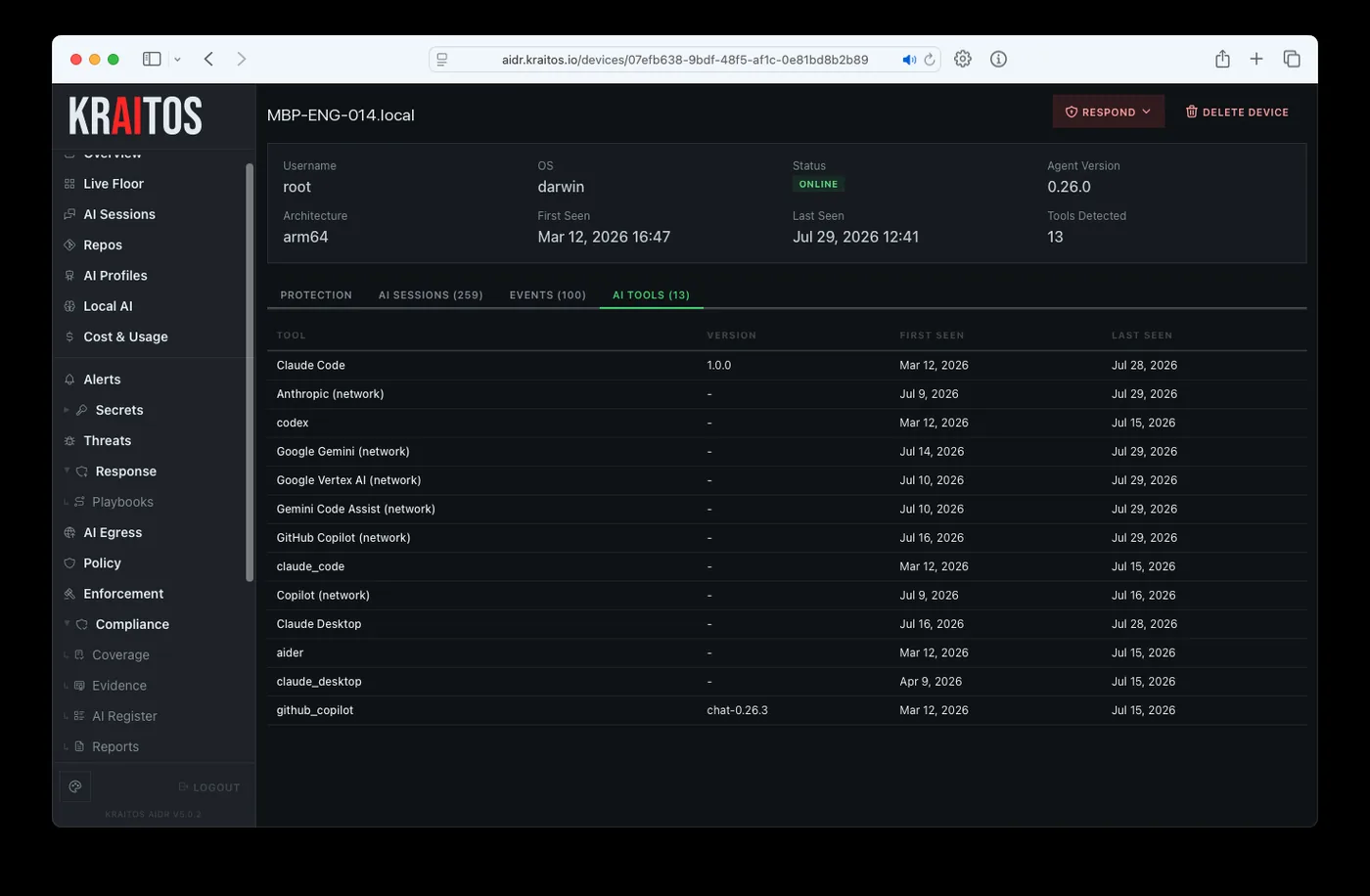 Per-device AI tool inventory listing each detected tool with version, first seen, and last seen dates