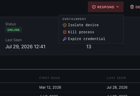 Containment menu on a device offering isolate device, kill process, and expire credential