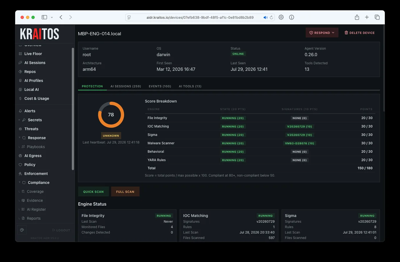 Device detail page showing compliance score breakdown per detection engine with state, signature freshness, and points