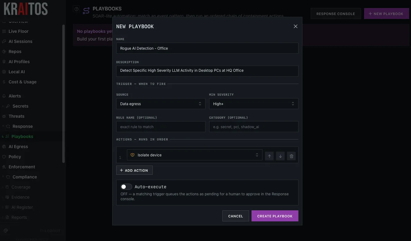 New playbook dialog with trigger source, minimum severity, an ordered action list, and an auto-execute toggle