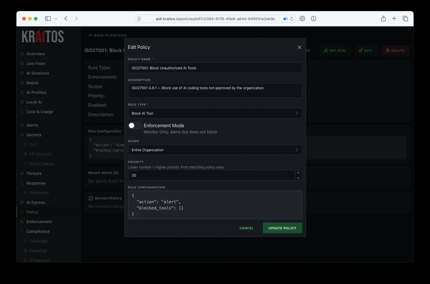 Policy editor dialog with policy name, rule type, enforcement mode toggle, scope, priority, and JSON rule configuration